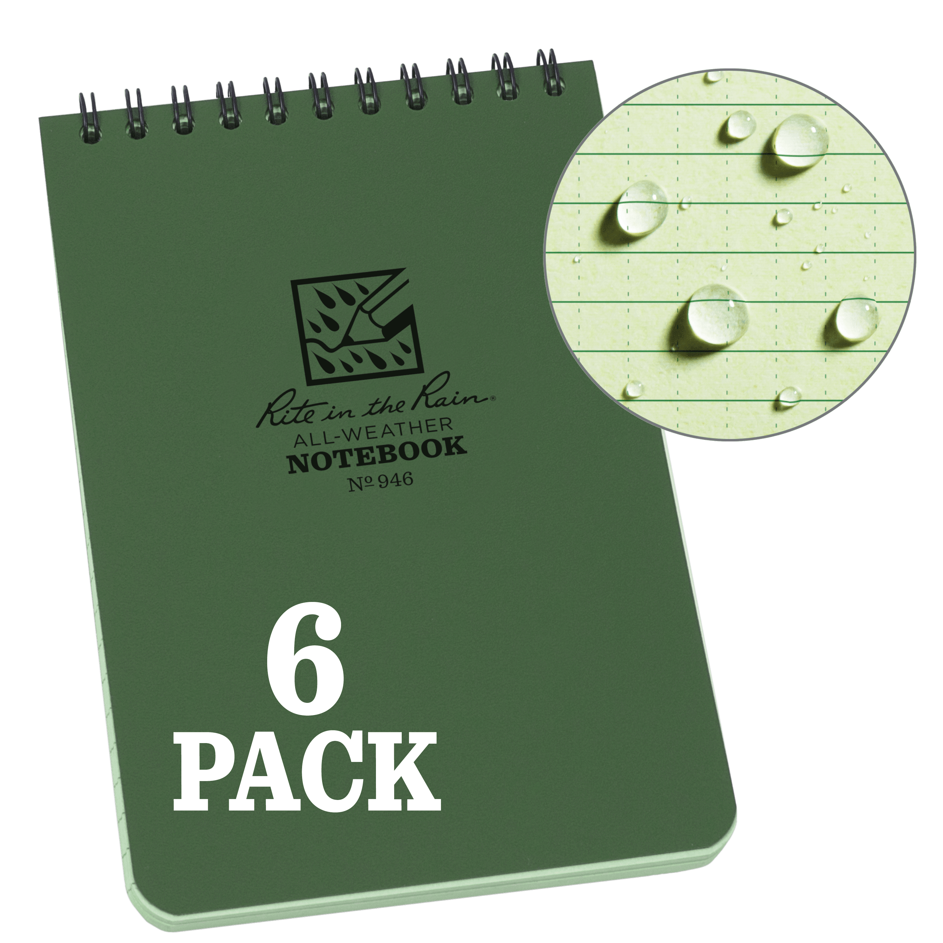 Rite in the Rain Weatherproof Top Spiral Notebook, 4" x 6", Green Cover, Universal Pattern, 6 Pack (No. 946L6)