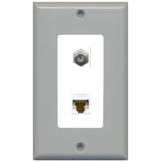 RiteAV - 1 Coax Cable TV F and 1 Cat6 Ethernet Wall Plate Decorative - Gray & White - Bracket Included