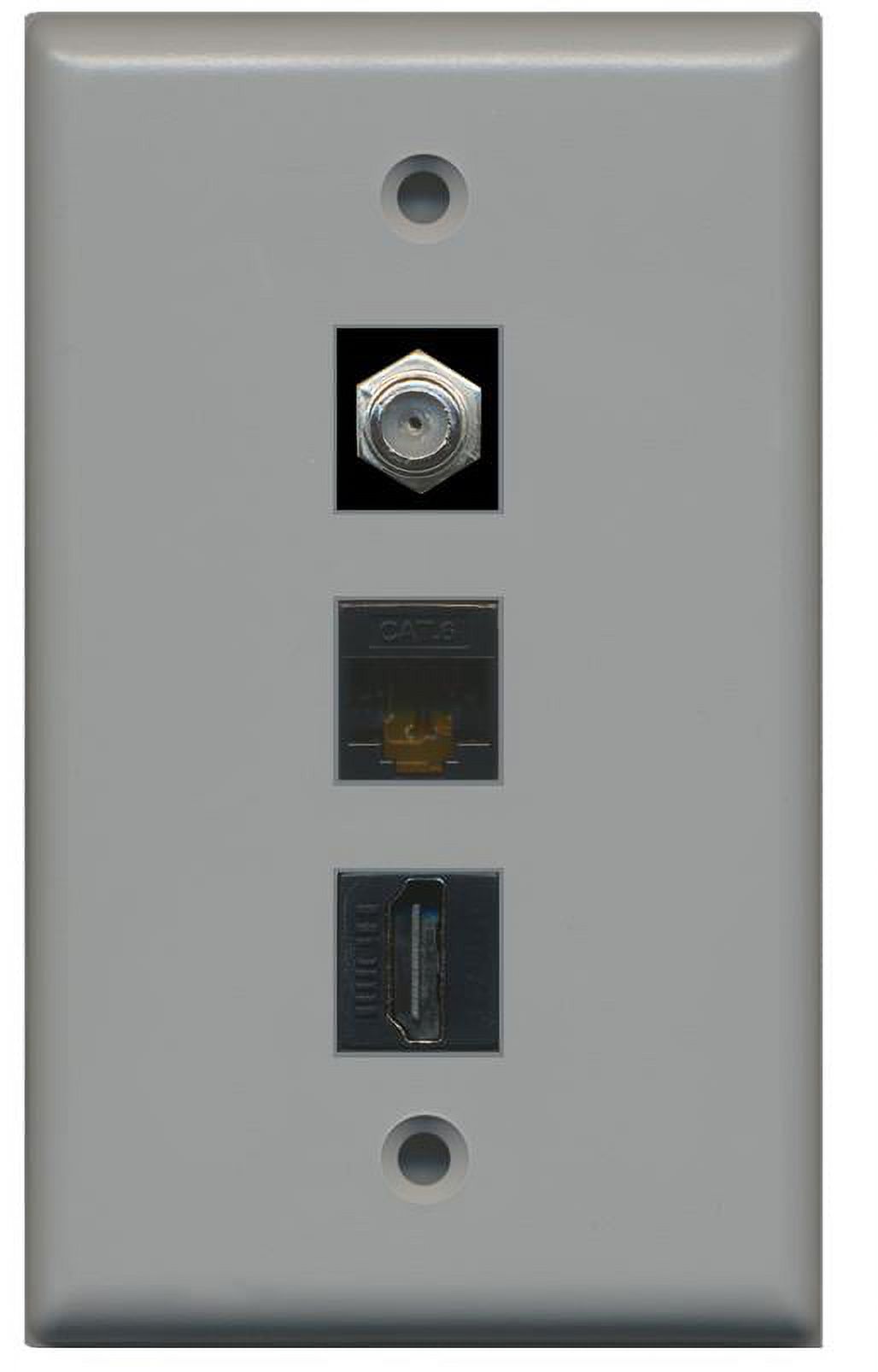 RiteAV 1 Gang Wall Plate (Gray) 3 Port Coax (Black) Cat6 (Black) HDMI