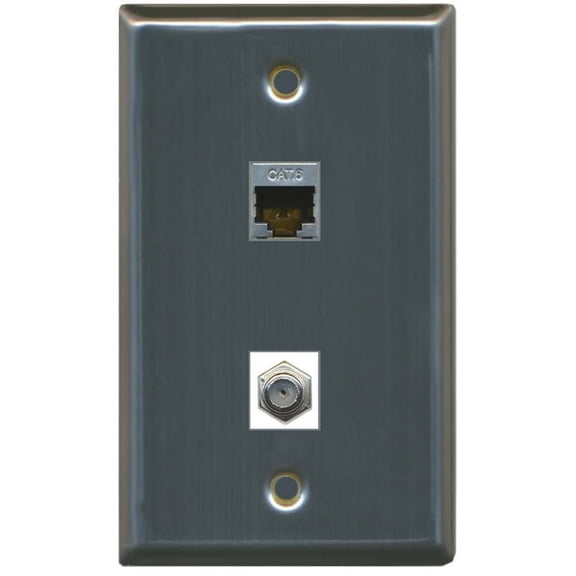 RiteAV 1 Port Cat6 Shielded 1 Coax Wall Plate Flat Stainless Steel - Bracket Included