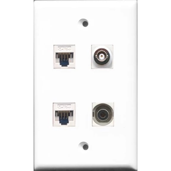 RiteAV - 1 Port 3.5mm and 1 Port BNC 2 Port Cat5e Ethernet White Wall Plate