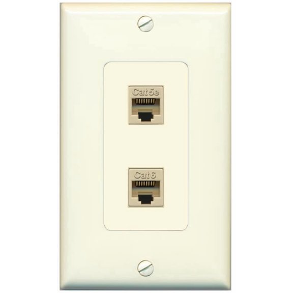 RiteAV 1 Port CAT5E 1 CAT6 Jack Coupler Female-Female Decorative Wall Plate [Light-Almond]