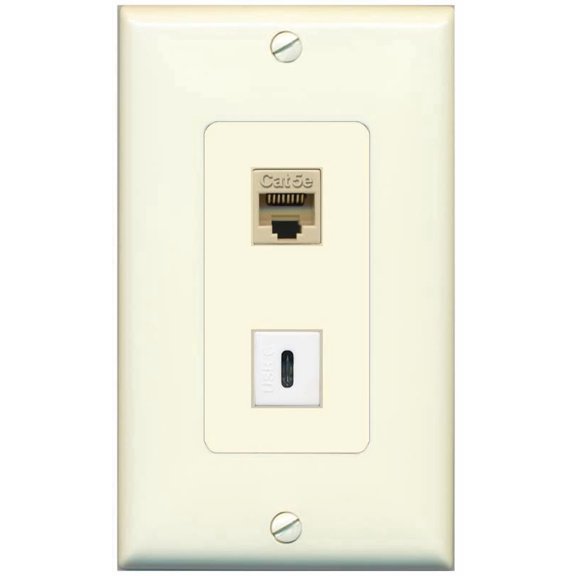 RiteAV 1 Port CAT5E 1 USBC Jack Coupler Female-Female Decorative Wall Plate [Light-Almond]