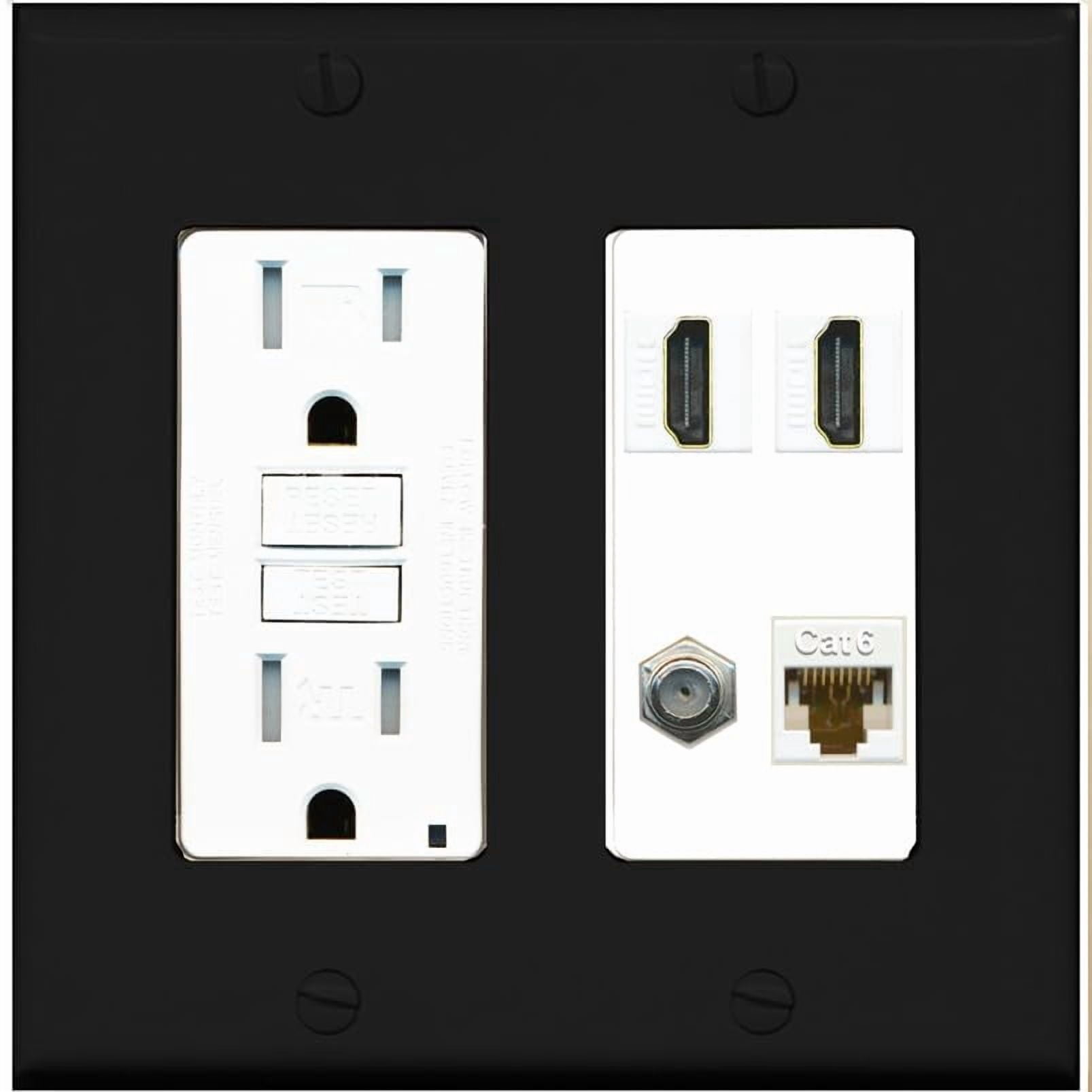 RiteAV 1 Port CAT6 Coax 2 HDMI Jack Wall Plate - GFCI Outlet [Black/White]