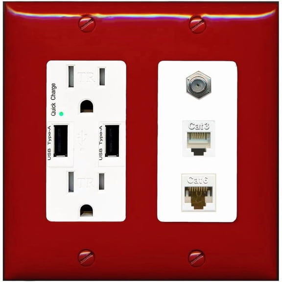 RiteAV 1 Port CAT6 Ethernet Coax Phone Wall Plate - USB Outlet [Red/White]