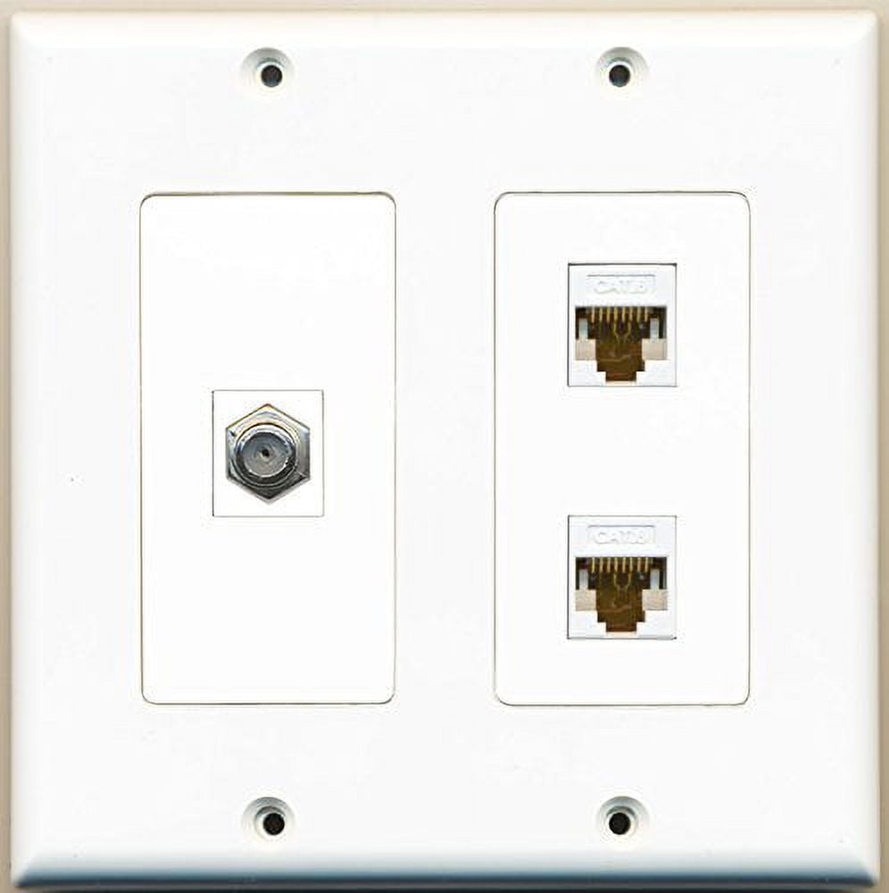 Riteav Plastra A Muro Bianca 3 Porte - 1 Cavo Coassiale TV F-Type + 2 CAT6 Ethernet - Connessione Tool-less, Viti Incluse - 2