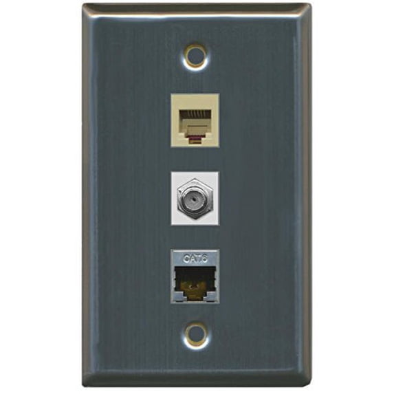 RiteAV - 1 Port Coax Cable TV- F-Type Phone RJ11 RJ12 and Shielded Cat6 Ethernet Wall Plate - Stainless Steel