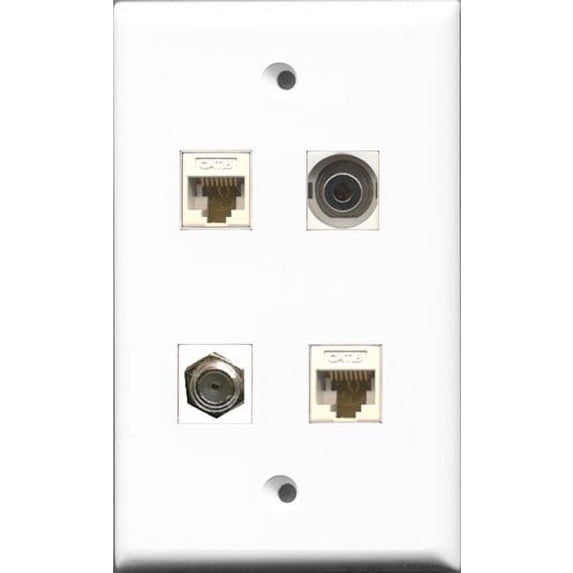 RiteAV 1 Port Coax Cable TV- F-Type and 1 Port 3.5mm 2 Port Cat6 Ethernet White Wall Plate