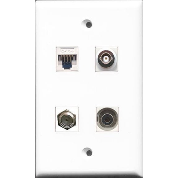 RiteAV - 1 Port Coax Cable TV- F-Type and 1 Port 3.5mm and 1 Port BNC and 1 Port Cat5e Ethernet White Wall Plate