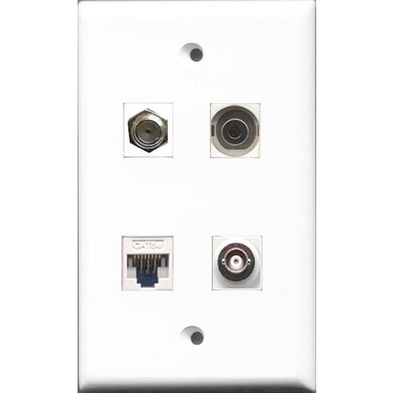 RiteAV 1 Port Coax Cable TV- F-Type and 1 Port 3.5mm and 1 Port BNC and 1 Port Cat5e Ethernet White Wall Plate