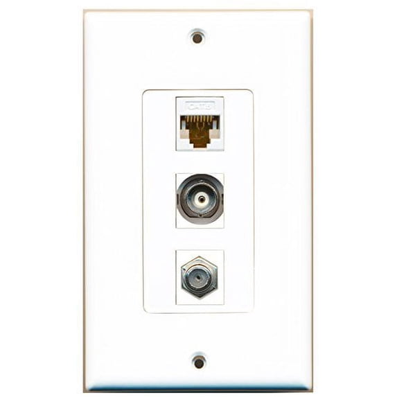 RiteAV - 1 Port Coax Cable TV- F-Type and 1 Port BNC and 1 Port Cat6 Ethernet White Decorative Wall Plate Decorative