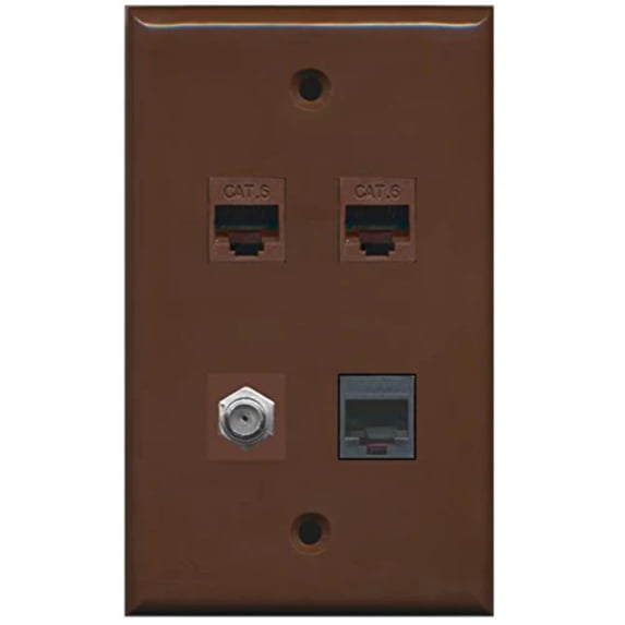 RiteAV 1 Port Coax Cable TV- F-Type and 1 Port Phone RJ11 RJ12 2 Port Cat6 Ethernet Wall Plate - Brown
