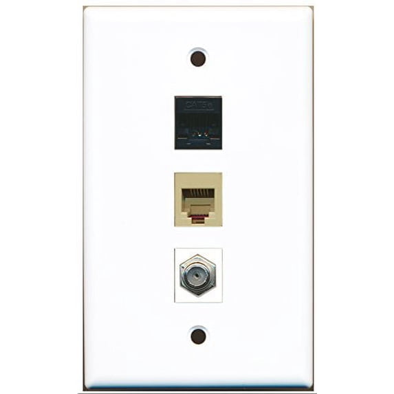 RiteAV - 1 Port Coax Cable TV- F-Type and 1 Port Phone RJ11 RJ12 Beige and 1 Port Cat5e Ethernet Black Wall Plate