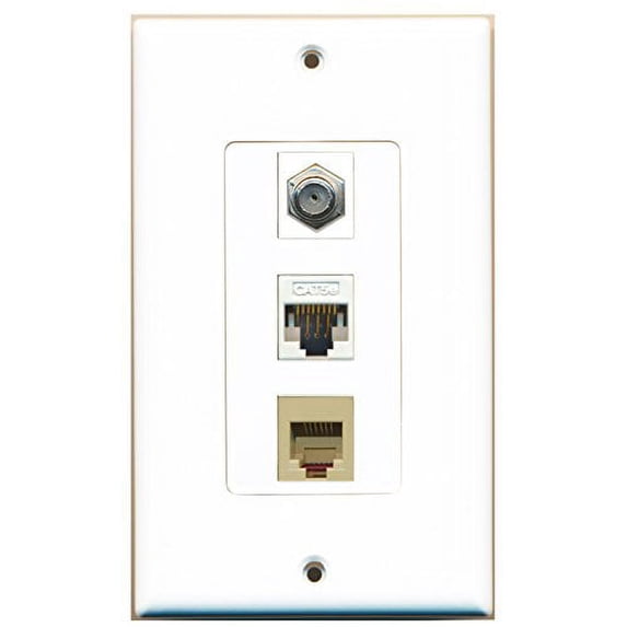 RiteAV - 1 Port Coax Cable TV- F-Type and 1 Port Phone RJ11 RJ12 Beige and 1 Port Cat5e Ethernet White Decorative Wall Plate