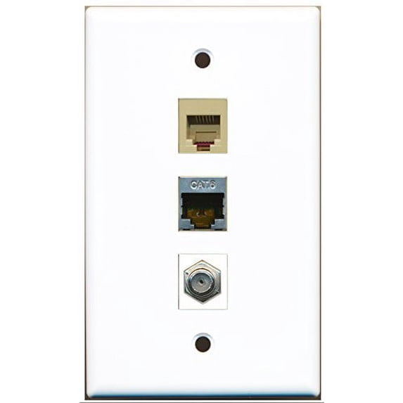 RiteAV - 1 Port Coax Cable TV- F-Type and 1 Port Phone RJ11 RJ12 Beige and 1 Port Shielded Cat6 Ethernet Wall Plate