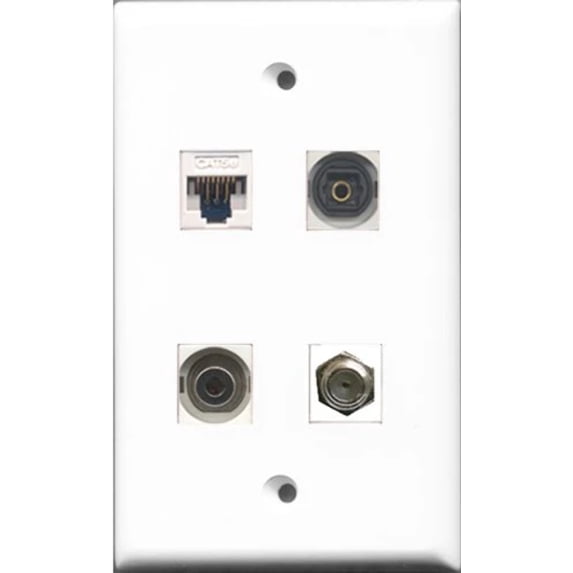 RiteAV 1 Port Coax Cable TV- F-Type and 1 Port Toslink and 1 Port 3.5mm and 1 Port Cat5e Ethernet White Wall Plate