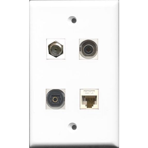 RiteAV 1 Port Coax Cable TV- F-Type and 1 Port Toslink and 1 Port 3.5mm and 1 Port Cat6 Ethernet White Wall Plate