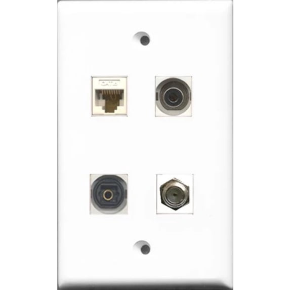 RiteAV 1 Port Coax Cable TV- F-Type and 1 Port Toslink and 1 Port 3.5mm and 1 Port Cat6 Ethernet White Wall Plate