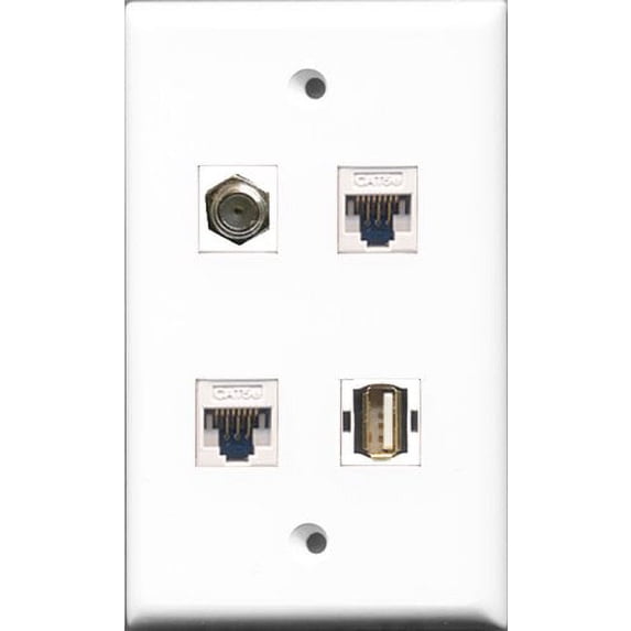 RiteAV 1 Port Coax Cable TV- F-Type and 1 Port USB A-A 2 Port Cat5e Ethernet White Wall Plate