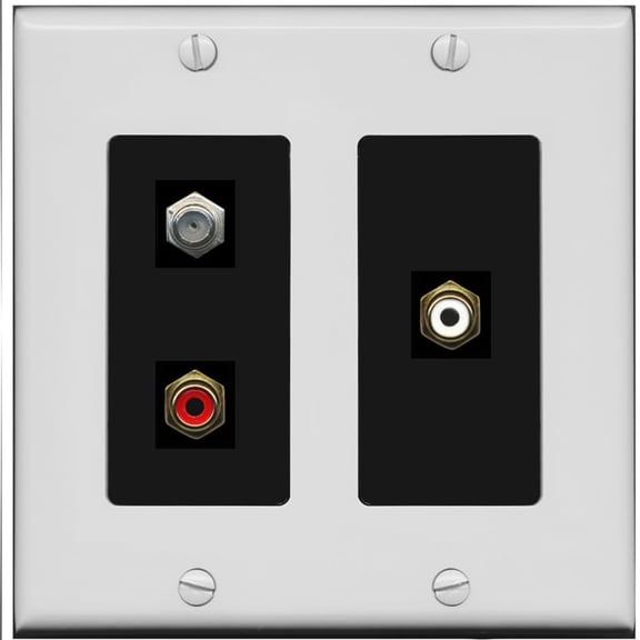 RiteAV 1 Port Coax Cable TV Wall Plate with 2 x RCA (Red+White) Jacks - 2 Gang [Gray/Black]