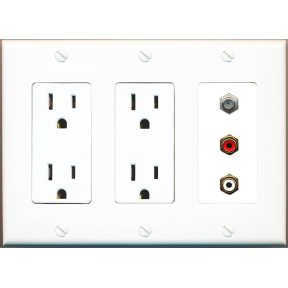 RiteAV 1 Port Coax Cable TV Wall Plate with 2 x RCA (Red+White) Jacks - 2 Outlet [White]