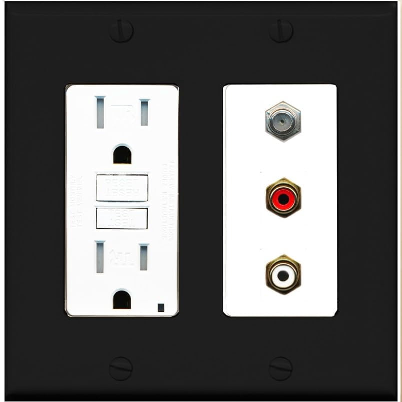 RiteAV 1 Port Coax Cable TV Wall Plate with 2 x RCA (Red+White) Jacks - GFCI Outlet [Black/White]