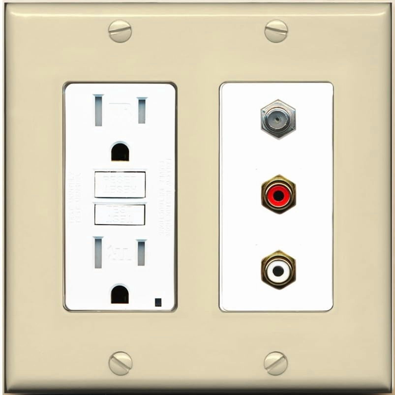 RiteAV 1 Port Coax Cable TV Wall Plate with 2 x RCA (Red+White) Jacks - GFCI Outlet [Ivory/White]