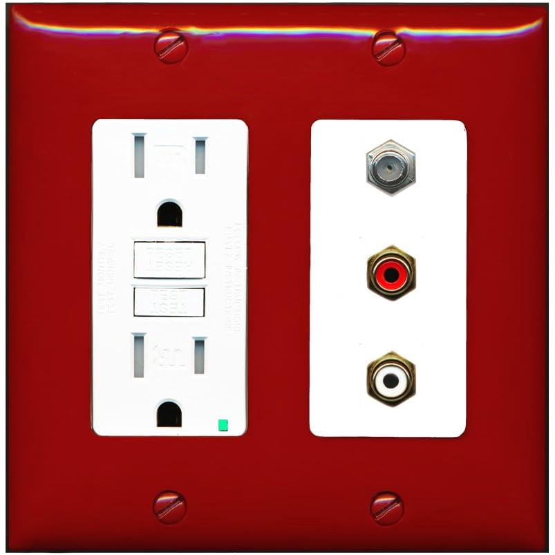 RiteAV 1 Port Coax Cable TV Wall Plate with 2 x RCA (Red+White) Jacks - GFCI Outlet [Red/White]