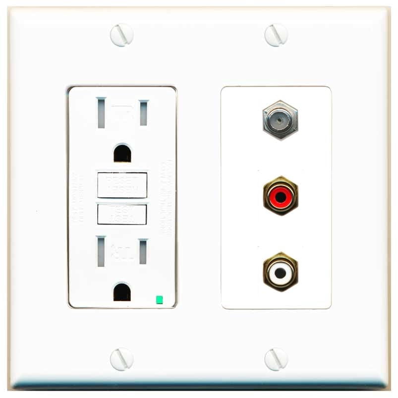 RiteAV 1 Port Coax Cable TV Wall Plate with 2 x RCA (Red+White) Jacks - GFCI Outlet [White]