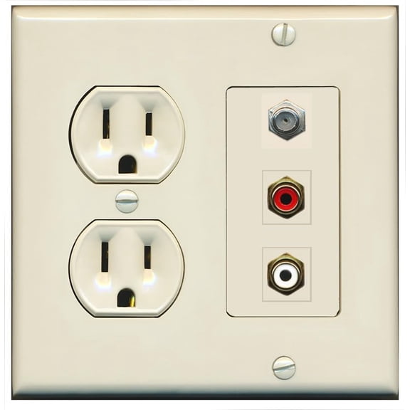 RiteAV 1 Port Coax Cable TV Wall Plate with 2 x RCA (Red+White) Jacks - Round Outlet [Light-Almond]