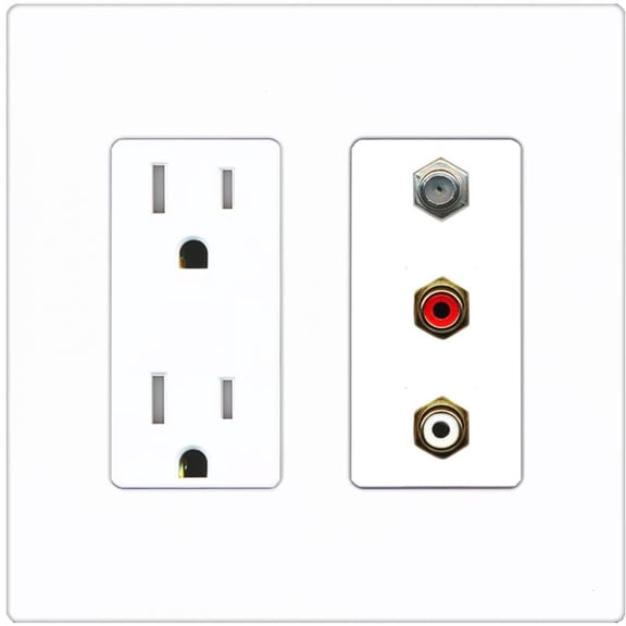 RiteAV 1 Port Coax Cable TV Wall Plate with 2 x RCA (Red+White) Jacks - Tamper-Resistant Outlet [Screwless White]