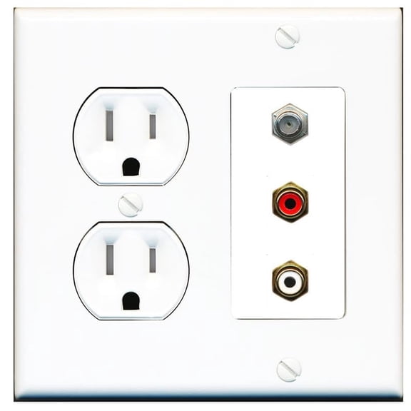RiteAV 1 Port Coax Cable TV Wall Plate with 2 x RCA (Red+White) Jacks - Tamper Resistant Round Outlet [White]