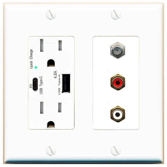 RiteAV 1 Port Coax Cable TV Wall Plate with 2 x RCA (Red+White) Jacks - USB A+C Charger [White]
