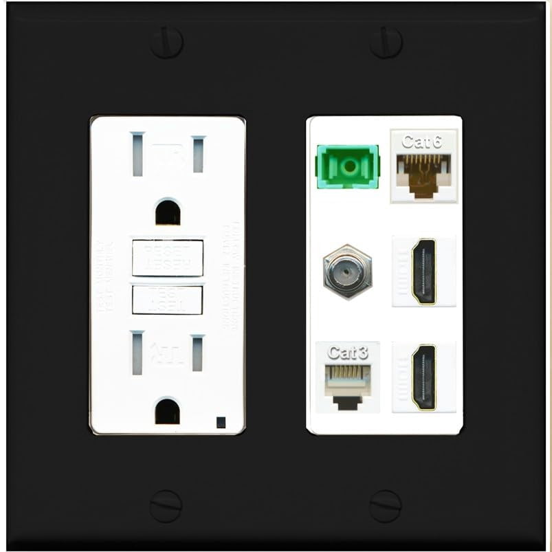 RiteAV 1 Port Fiber Optic Jack SC Simplex APC + Cat6 + Coax + 2 x HDMI + Phone Wall Plate - GFCI Outlet [Black/White]