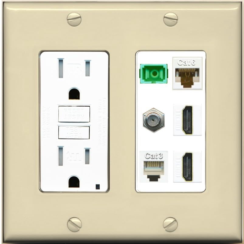 RiteAV 1 Port Fiber Optic Jack SC Simplex APC + Cat6 + Coax + 2 x HDMI + Phone Wall Plate - GFCI Outlet [Ivory/White]