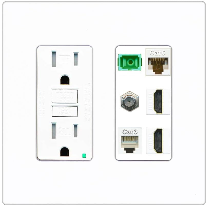 RiteAV 1 Port Fiber Optic Jack SC Simplex APC + Cat6 + Coax + 2 x HDMI + Phone Wall Plate - GFCI Outlet [Screwless White]