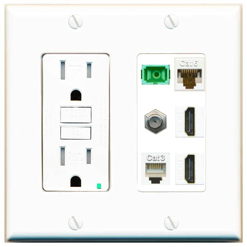 RiteAV 1 Port Fiber Optic Jack SC Simplex APC + Cat6 + Coax + 2 x HDMI + Phone Wall Plate - GFCI Outlet [White]