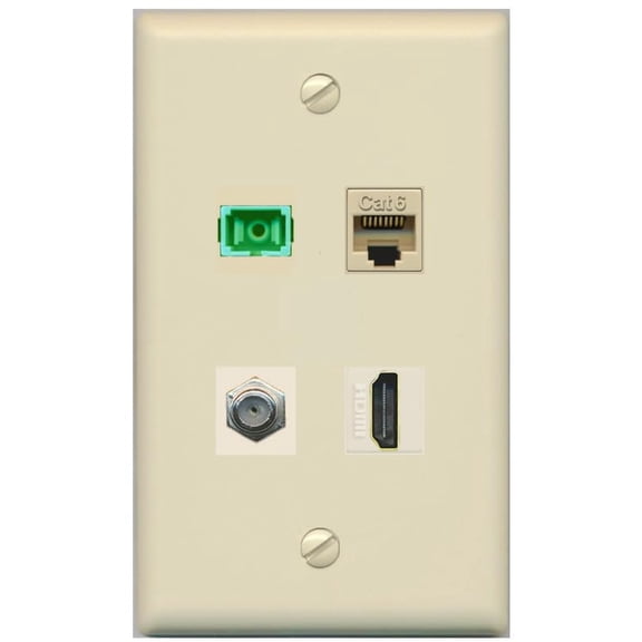 RiteAV 1 Port Fiber Optic Jack SC Simplex APC + Cat6 + Coax + HDMI Wall Plate - Flat Style [Ivory/Ivory]
