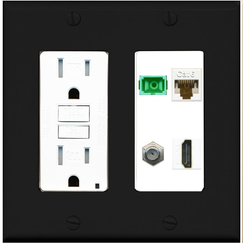 RiteAV 1 Port Fiber Optic Jack SC Simplex APC + Cat6 + Coax + HDMI Wall Plate - GFCI Outlet [Black/White]