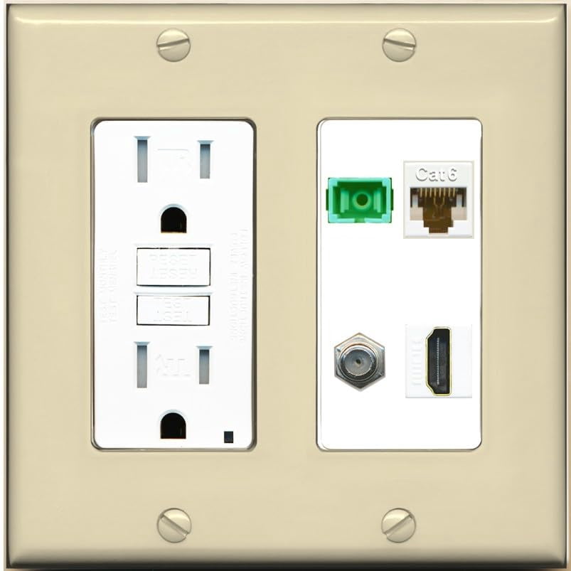 RiteAV 1 Port Fiber Optic Jack SC Simplex APC + Cat6 + Coax + HDMI Wall Plate - GFCI Outlet [Ivory/White]