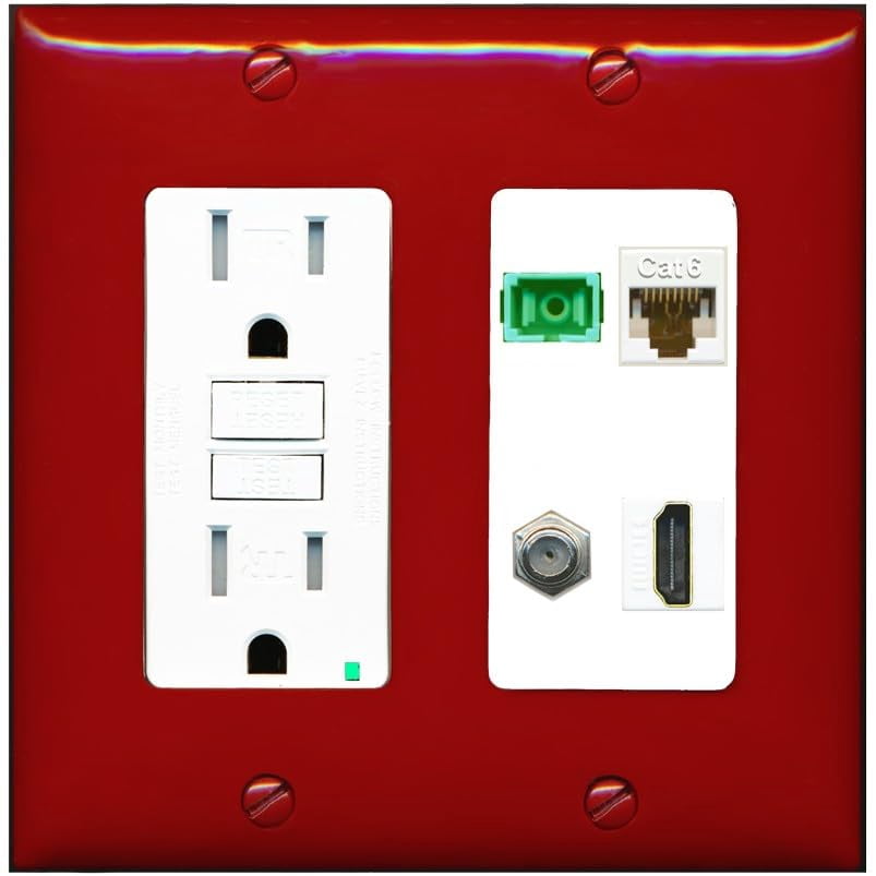 RiteAV 1 Port Fiber Optic Jack SC Simplex APC + Cat6 + Coax + HDMI Wall Plate - GFCI Outlet [Red/White]