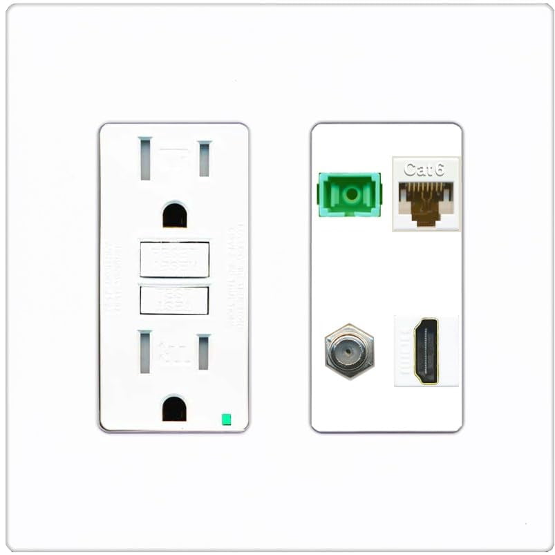 RiteAV 1 Port Fiber Optic Jack SC Simplex APC + Cat6 + Coax + HDMI Wall Plate - GFCI Outlet [Screwless White]