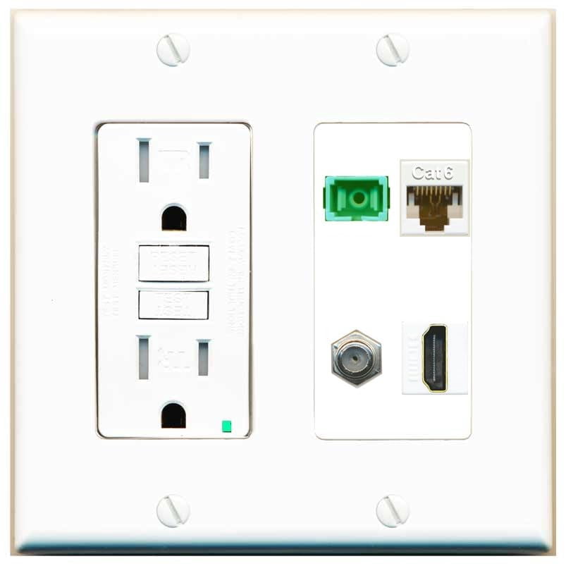 RiteAV 1 Port Fiber Optic Jack SC Simplex APC + Cat6 + Coax + HDMI Wall Plate - GFCI Outlet [White]