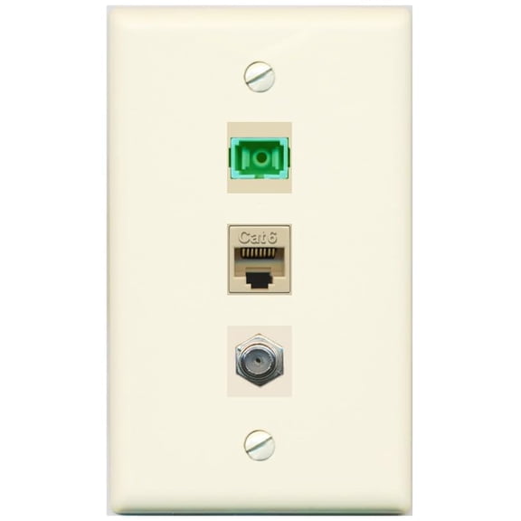RiteAV 1 Port Fiber Optic Jack SC Simplex APC + Cat6 + Coax Wall Plate - Flat Style [Light-Almond]
