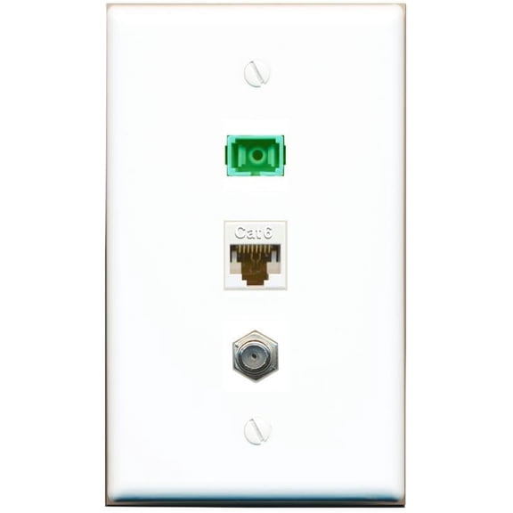 RiteAV 1 Port Fiber Optic Jack SC Simplex APC + Cat6 + Coax Wall Plate - Flat White