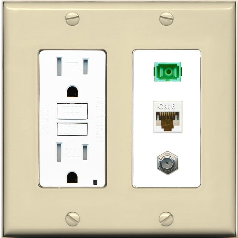 RiteAV 1 Port Fiber Optic Jack SC Simplex APC + Cat6 + Coax Wall Plate - GFCI Outlet [Ivory/White]
