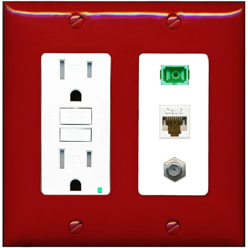 RiteAV 1 Port Fiber Optic Jack SC Simplex APC + Cat6 + Coax Wall Plate - GFCI Outlet [Red/White]