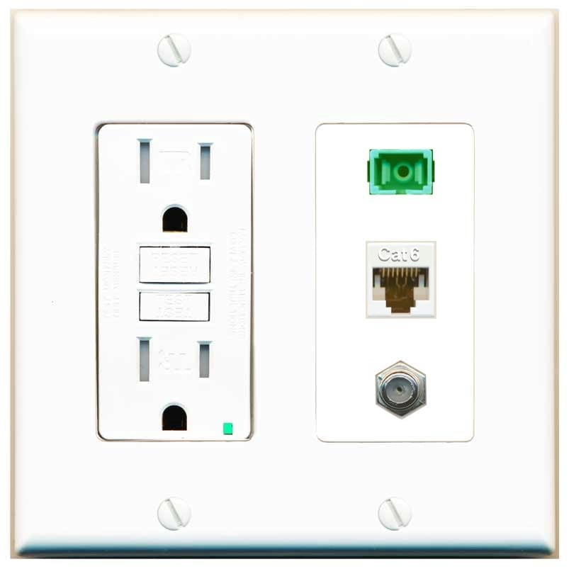 RiteAV 1 Port Fiber Optic Jack SC Simplex APC + Cat6 + Coax Wall Plate - GFCI Outlet [White]