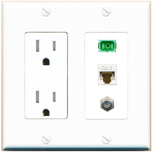 RiteAV 1 Port Fiber Optic Jack SC Simplex APC + Cat6 + Coax Wall Plate - Tamper Resistant Outlet White