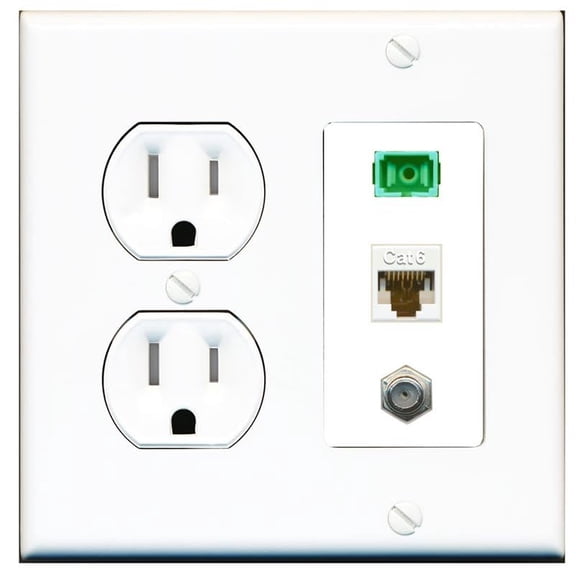 RiteAV 1 Port Fiber Optic Jack SC Simplex APC + Cat6 + Coax Wall Plate - Tamper Resistant Round Outlet White